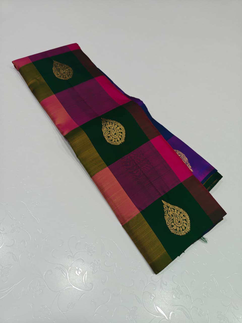 Multicolor Checked Kanchipuram Silk Saree - Crimson Red